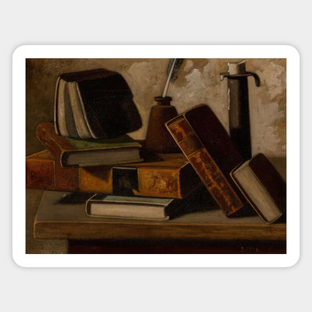 Still Life with Books, Inkpot, and Candlestick by John Frederick Peto Sticker by Classic Art Stall